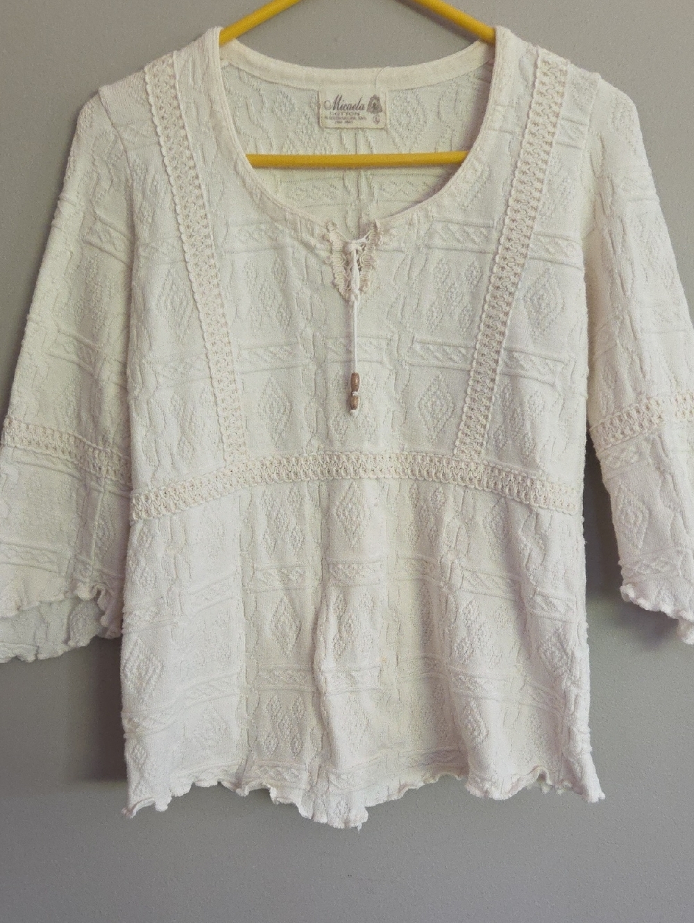 Natural Textured Crochet-Trim Peasant Top